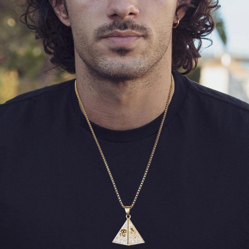 AsAlways 18K Gold Plated Pyramid Necklace for Men Stainless Steel Cubic Zirconia Coptic Ankh Cross Eye of Horus Ancient Egypt Pendant Necklace - Image 2